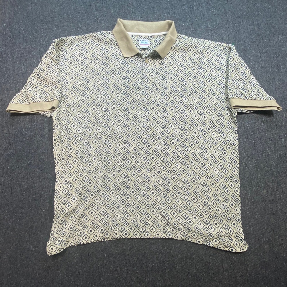 Pacific Scene Geometric‎ Retro Men 4X Cotton Short Sleeve Polo Shirt Tan Navy